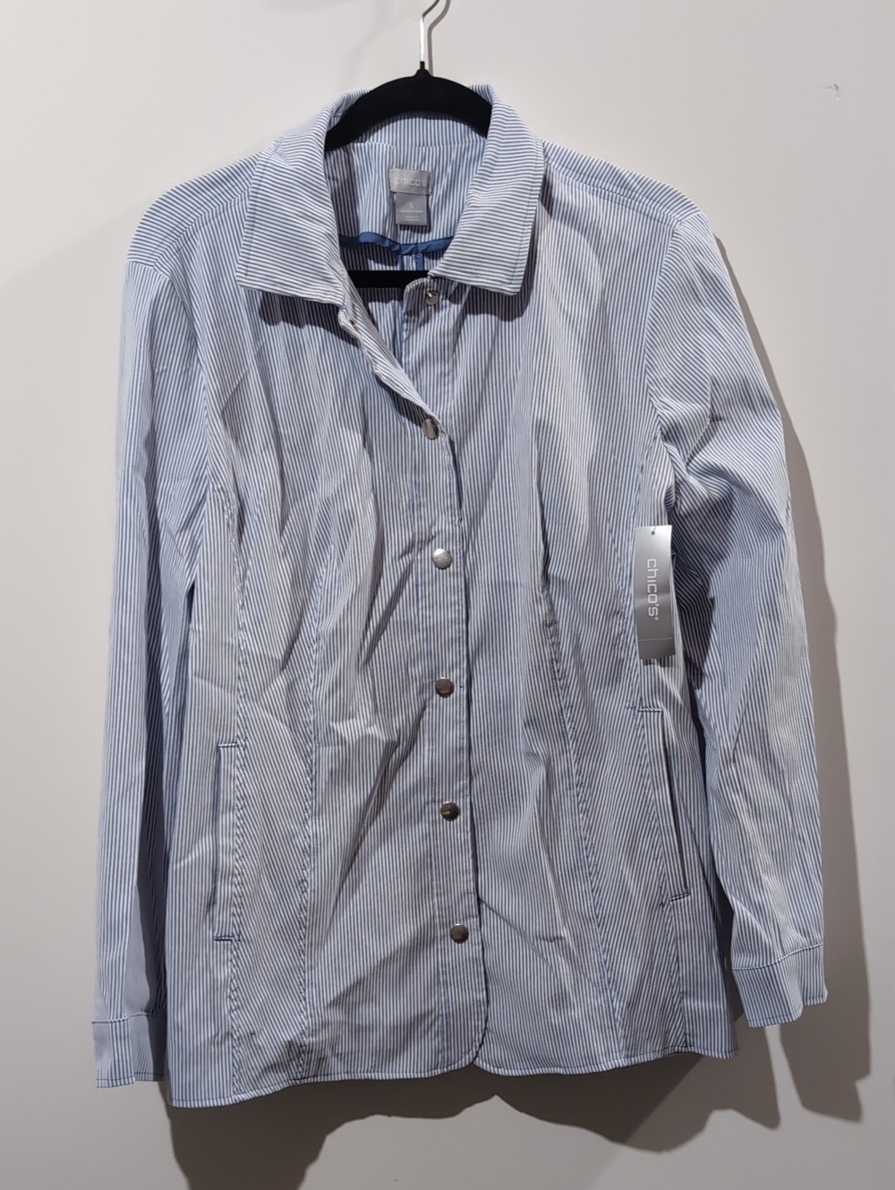 Chico's Light Blue and White Pinstripe Snap-Front Utility Jacket
